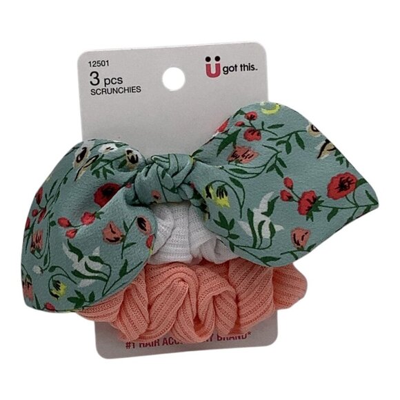 Scünci 3 Pcs U Got This Hair Scrunchies W/ Floral Bow Coral Multicolor 12501 - Picture 3 of 7
